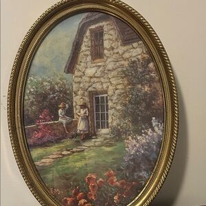 Vintage Oval Framed Cottage Painting